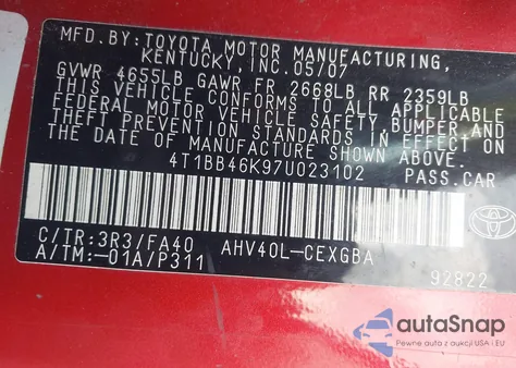 2007 Toyota Camry Hybrid из США, поврежденный, VIN 4T1BB46K97U023102